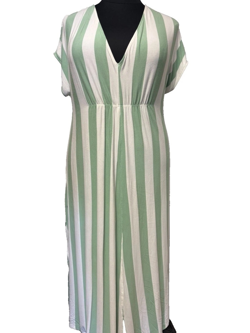 LAKE Striped V-Neck nightgown/caftan/coverup in Green & White Stripe. Size XL